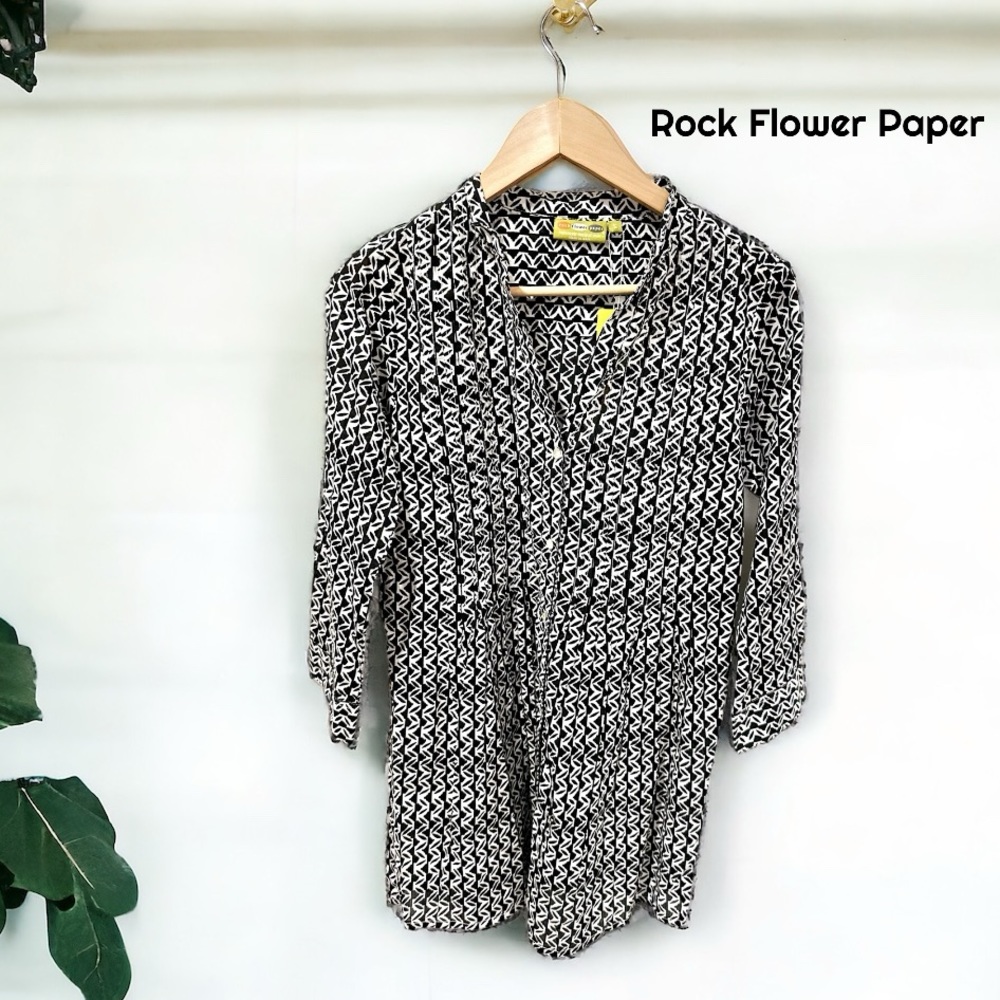 New Rock Flower Paper Jill Pintuck Cotton Tunic Black White Size Small